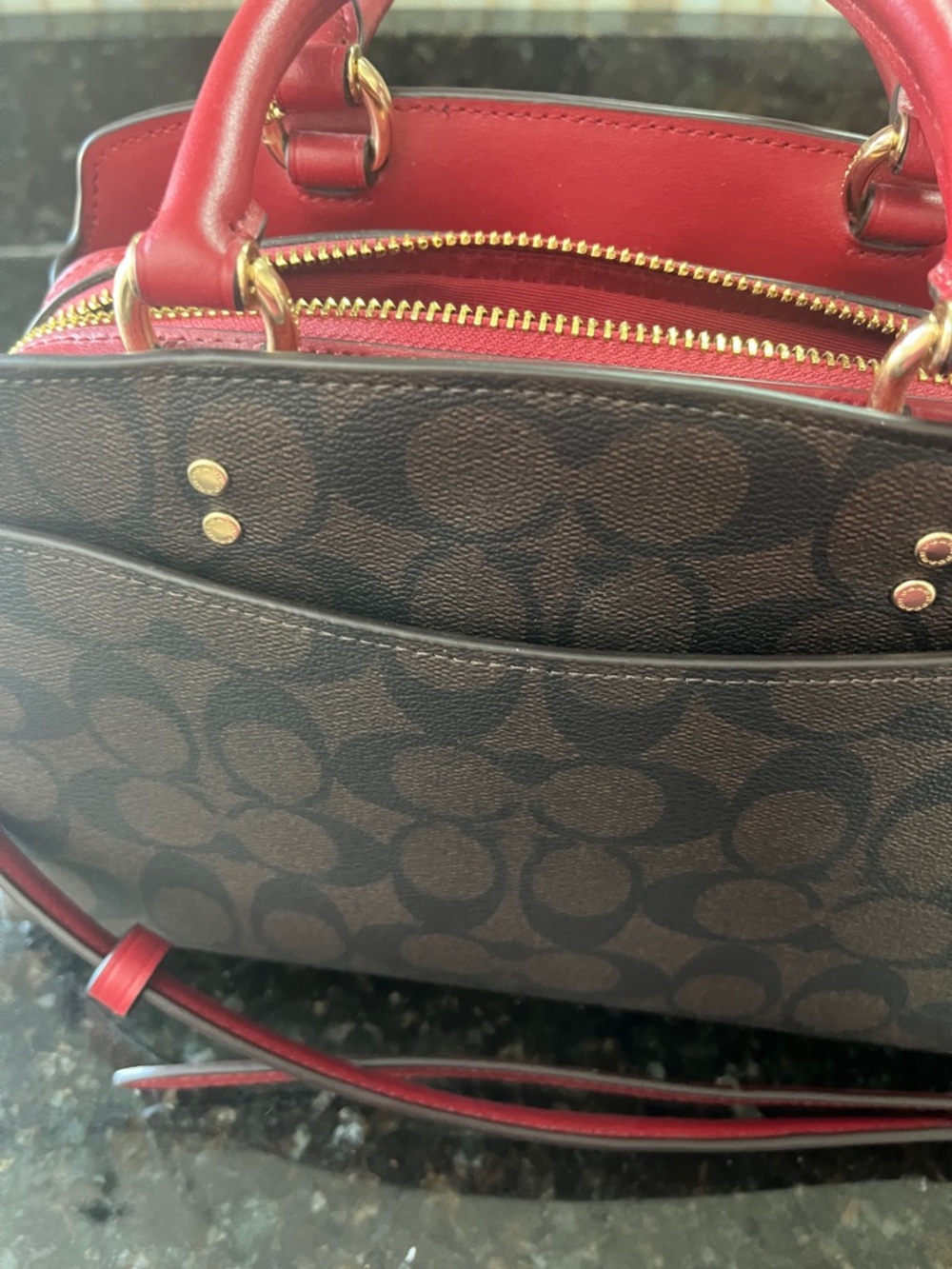Coach Brown Signature Satchel with Red Trim and Tag - Picture 4 of 7